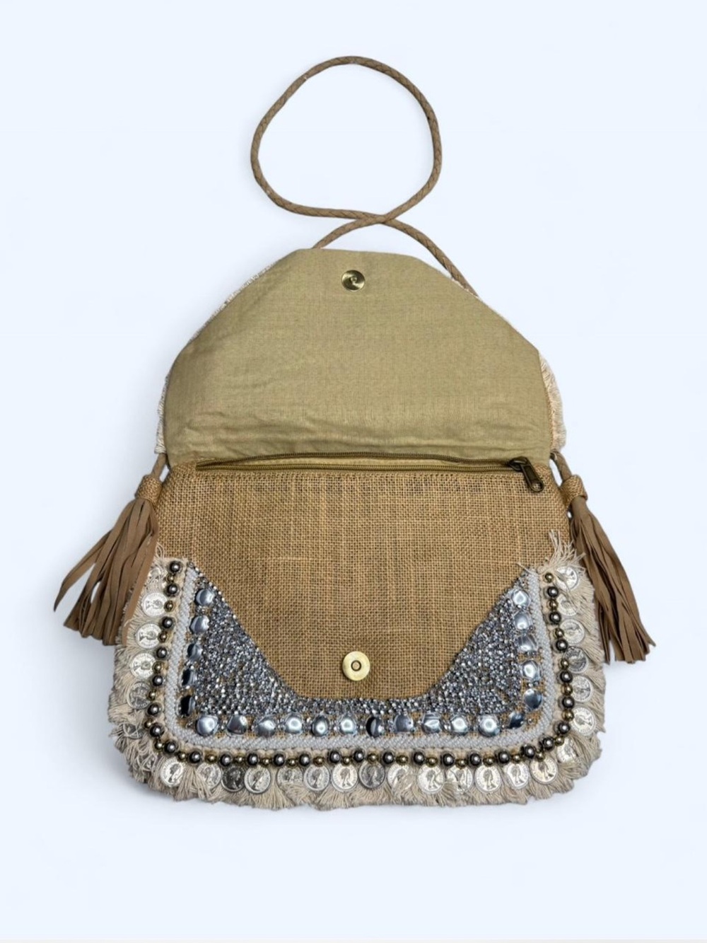 Embellished Boho Fringe Crossbody Bag - Natural Taupe - Picture 3 of 5
